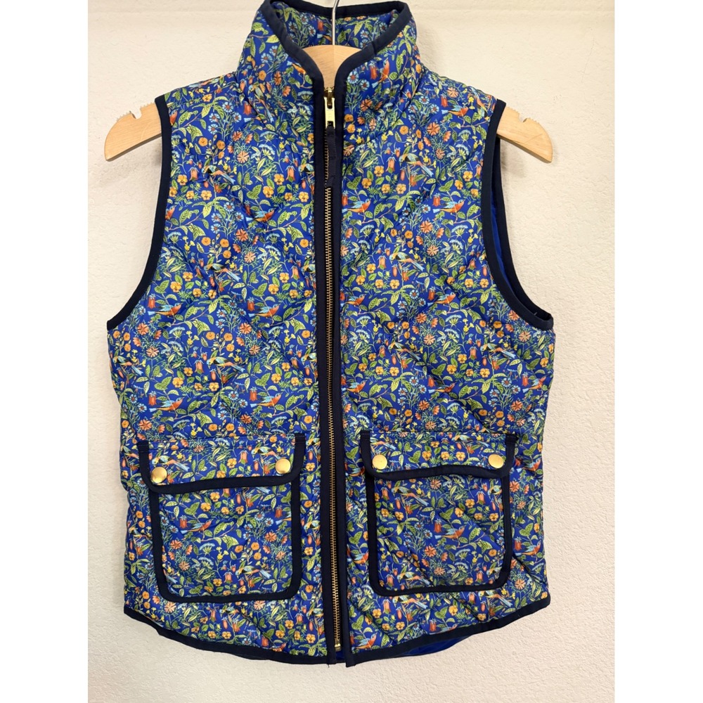 J.Crew Petite Liberty London Floral Bird Print Quilted Down Vest Blue Womens PXS